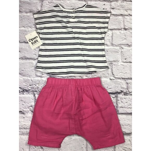 Open Edit Baby' Girl's 2Pc Shirt Short Set Ivory Cloud Black Stripe Size 6Mo NWT - Picture 2 of 3